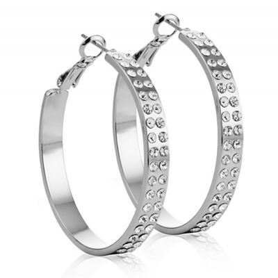 Silver double row crystal hoop earring